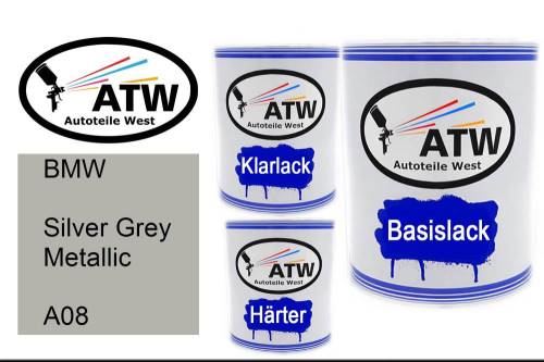 BMW, Silver Grey Metallic, A08: 1L Lackdose + 1L Klarlack + 500ml Härter - Set, von ATW Autoteile West.